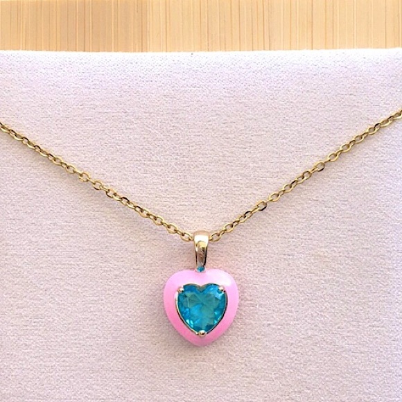 Jewelry - Pastel Pink + Aquamarine Gold Crystal Heart Pendant Necklace